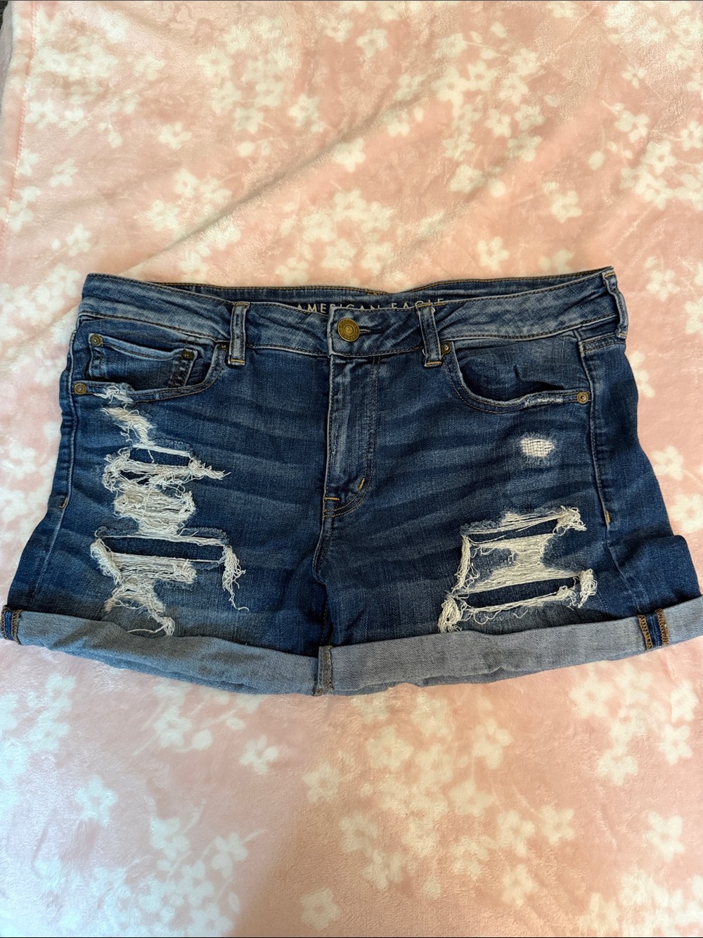 American Eagle Outfitters Dark Wash Distressed Rolled-Hem Jean Shorts
